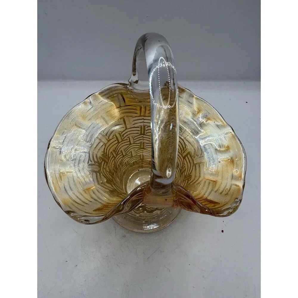 Vintage Marigold 6” Dugan Carnival Glass Weaved Pattern Basket